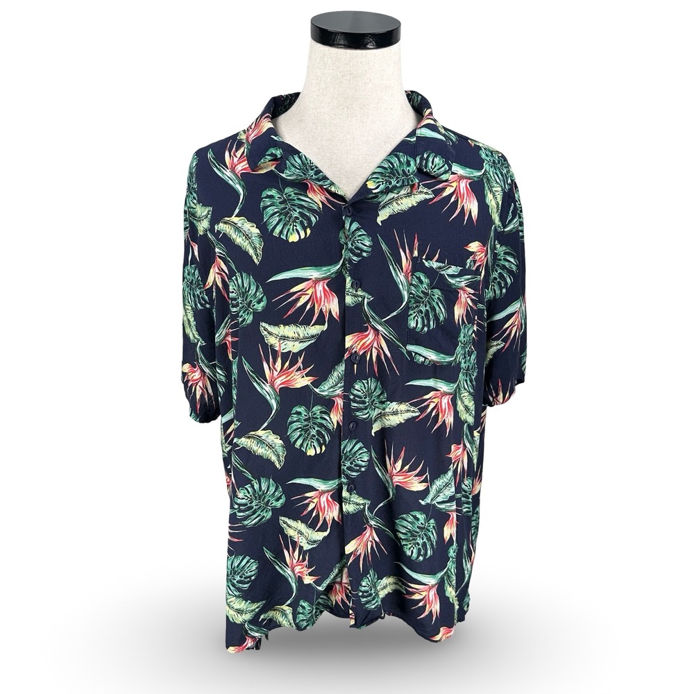 Schott NYC Mens XXXL Navy Blue Tropical Floral Bird of Paradise Hawaiian Shirt